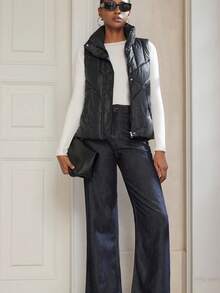 GENKIRA New Fashionable Casual Chic Minimalist Zip-Up Stand Collar Pocket Sleeveless Padded Vest Jacket, Sophisticated Design - Black - View 4
