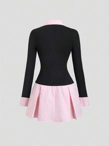Sweetra Vintage American Preppy Style Contrast Color Long Sleeve 2 In 1 Fitted Dress, Autumn - Multicolor - View 2