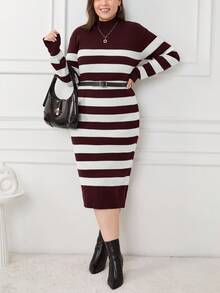 SHEIN Cottnline PLUS SIZE Burgundy STRIPE CASUAL Decent Elegant SWEATER DRESS Office Formal Formal Autumn - Brown - View 4