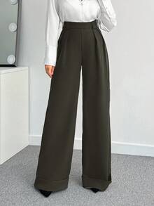 Pantaloni a vita alta a gamba ampia di colore unito per donna