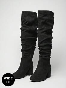 SHUZIA 宽小腿仿皮及膝粗跟靴