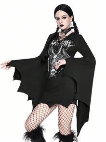 ROMWE Goth Rochie de Halloween cu imprimeu floral, stil gotic, culoare solidă, casual, la modă, cu mâneci evazate, decolteu în V, cu nod, model aripi de liliac, mulată, pentru femei - Negru - Vizualizare 6