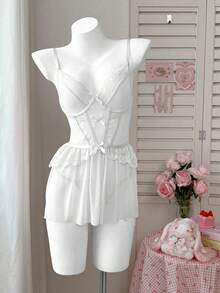 SHEIN 2件套浪漫复古蕾丝撞色网眼露背性感套装 - 白色 - 查看 4