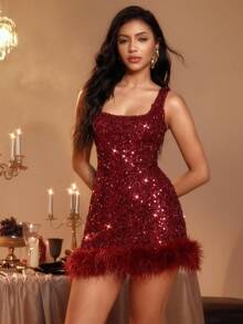 Glamine Váy ngắn cổ tròn không tay thêu hạt cườm màu đỏ rượu vang dành cho nữ, váy ngắn dệt kim màu đỏ, váy ngắn dự tiệc ngày lễ gợi cảm - Màu Đỏ Sâu - Xem 4