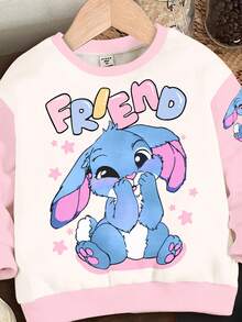 SHEIN 2 件套年轻女孩休闲圆领长袖运动衫和紧身裤套装，饰有可爱卡通蓝兔露露和奶油粉色和奶油白色的针迹图案，适合秋冬季、街头风、休闲校园/运动风格、户外野餐、郊游、街头摄影、家居、校园 - 彩色 - 查看 4