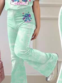 SHEIN 2pcs/Set Young Girl Casual Cartoon Rabbit Lulu, Stitch Pattern Tie-Dye Round Neck Short Sleeve T-Shirt And Flare Pants Outfit, Suitable For Summer, Autumn Tween Girl Clothes Pants Set Mermaid Pajamas Girls Tween Girl Matching Set Girls Bell Bottom Sets Teen Girl Pajamas Sets - Multicolor - View 4