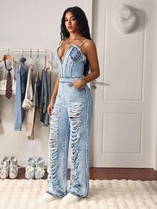 SHEIN Tall Sexy Denim Jumpsuit And Romper, Suitable For Women's Outings And Parties - Light Wash - View 3