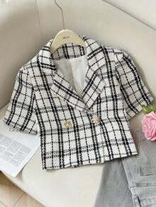 Modelyn Blazer corto casual de cuadros para mujer, de verano - Blanco y Negro - Ver 1