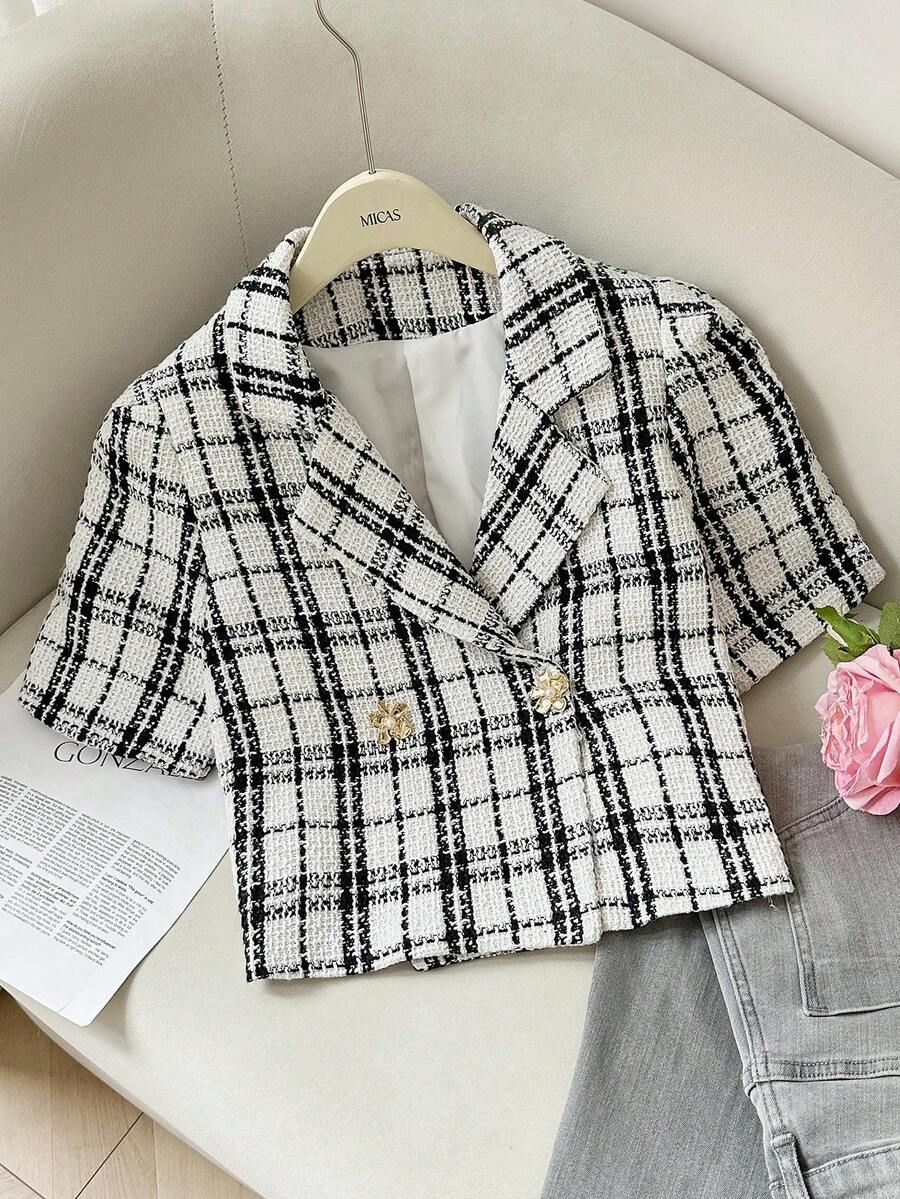 Modelyn Blazer corto casual de cuadros para mujer, de verano - Blanco y Negro - Ver 1