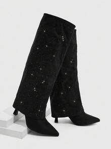 CUCCOO SZL Women's Pointed Toe Rhinestone Embellished Stiletto Heel Thigh High Boots, Sexy Party Club Wear Knee High Boots For Christmas Spring Shoes - Black - View 4