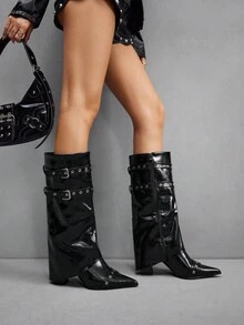 CUCCOO SZL High Shaft Pointed Toe Chunky Heel Side Zipper European And American Fashion Women Boots - Black - View 6