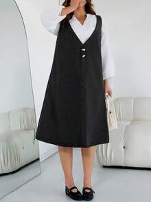 SHEIN CURVE+ 女士黑色秋冬V领A字连衣裙，教师制服，女士所有服装，万圣节服装，女士乡村风格，别致秋季