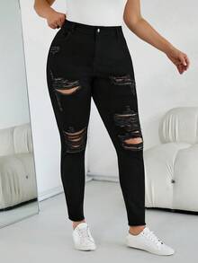 SHEIN CURVE+ Jeans déchirés stretch Y2K noir pour femmes, automne et hiver. Tenues complètes pour femmes, costumes d'Halloween, style campagnard pour femmes, automne chic
