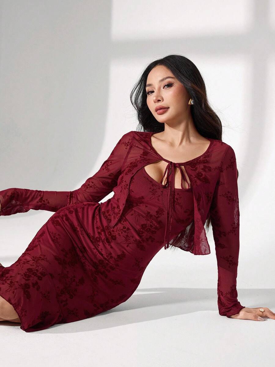 Modelyn Bộ trang phục thanh lịch màu đỏ rượu vang, váy yếm + áo khoác cardigan dài tay, phù hợp cho mùa xuân và mùa thu