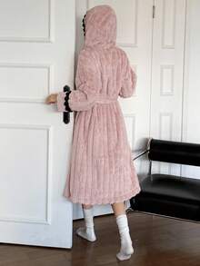 DAZY Women's Textured Fleece Patchwork Hooded Robe, Winter, Fall Fluffy Pajama, Cozy - Pink - View 2