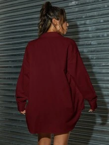 SHEIN Unity 亮色霓虹超大衬衫，休闲长袖女式衬衫 - 紅色 - 查看 2