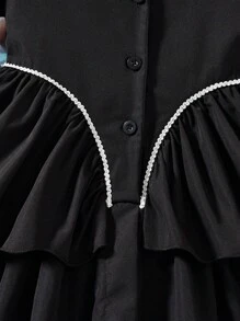 1pc Tween Girls European Princess Style White Elegant Ruffled Short Sleeve Cake Dress, Spring & Summer - Black - View 6