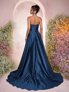 Glamrae 优雅串珠花卉设计露肩美人鱼长裙，喇叭下摆，适合婚礼、派对、度假、庆典、正式活动（重度装饰） - 藏蓝色 - 查看 3