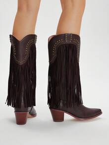 Styleloop CUCCOO 女式尖头粗跟流苏铆钉西部中筒靴 - 咖啡棕 - 查看 4