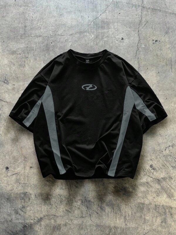 AXEPEAK Camiseta de manga corta casual, holgada y de punto para hombre, con patchwork, para uso diario y estilo urbano