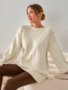 EURMUSE Textured Puff Sleeve Cream Knit Dress With V-Pattern Front Detailing,Jumper,Jumpers For Women,Jumpers,Christmas Jumper,White Jumper,Black Jumper,Ladies Jumper,Women's Jumpers - Beige - View 3