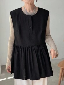 FRIFUL Women's Sleeveless Shirt With Ruffle Hem Patchwork, Loose Solid Color Blouse - Black - View 6