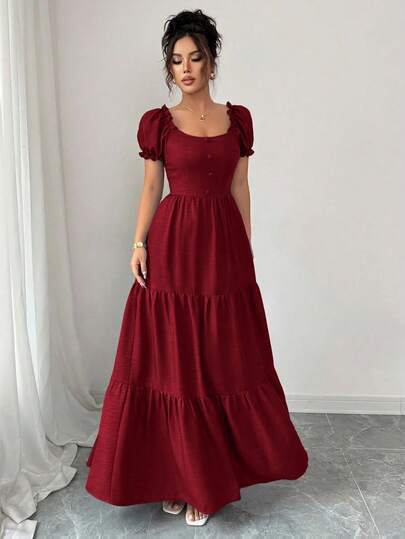  Elenzga 女士优雅长裙，独特领口，多层拼接，荷叶边，修身设计/垂坠/分层/假日装扮/波西米亚风/浪漫花卉/度假休闲