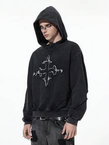 ROMWE MEN Goth Herren Lässig Hoodie mit gewaschenem Kreuz-Patch
