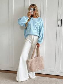 SHEIN LUNE Rundhals Laternärmel 3D Blumen Pullover, lässiger, weiter Pendler Vintage Stil für Frauen Blumen Pullover Damen Pullover bestickter Pullover blauer Pullover Zopfstrick Pullover für Herbst/Winter - Blau - Übersicht 7