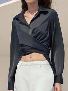 Uhlyne Áo sơ mi nữ thanh lịch, tối giản, màu xám đậm, cài cúc, có thắt lưng, thích hợp cho công sở, đi làm hàng ngày, phong cách chuyên nghiệp, nghỉ hè, du lịch, nghỉ mát, mùa xuân. - Màu xám đen - Xem 2
