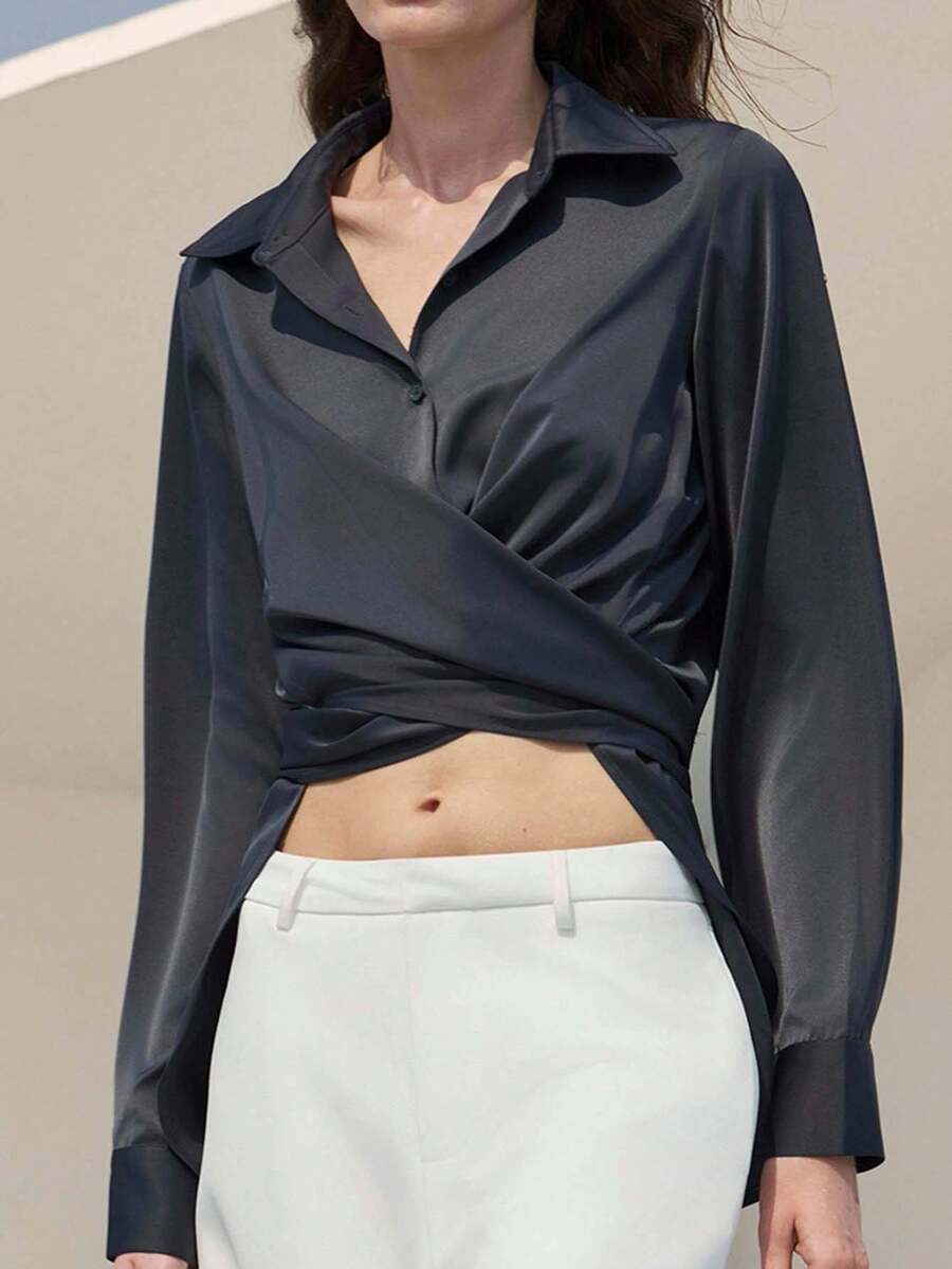 Uhlyne Áo sơ mi nữ thanh lịch, tối giản, màu xám đậm, cài cúc, có thắt lưng, thích hợp cho công sở, đi làm hàng ngày, phong cách chuyên nghiệp, nghỉ hè, du lịch, nghỉ mát, mùa xuân.