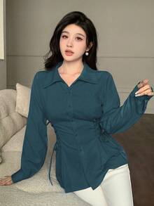 Modelyn 纯色系带优雅抽绳领带时尚衬衫蓝绿色衬衫紧身胸衣衬衫蓝绿色衬衫蓝绿色上衣女士衬衫 - 水鴨藍 - 查看 6