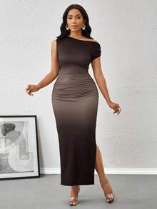 SHEIN Lady 女士优雅不对称领口渐变色侧开衩连衣裙，夏季生日和活动连衣裙/办公室连衣裙/教堂连衣裙/婚礼连衣裙/节日连衣裙/商务休闲女士办公室连衣裙女士连衣裙女士工作连衣裙 - 摩卡棕 - 查看 6