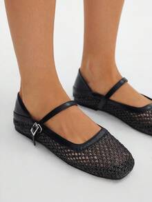 女士圆头低跟黑色编织网眼面料时尚简约优雅杏色扣平底鞋，适合万圣节、圣诞节、秋季 - 黑色 - 查看 5