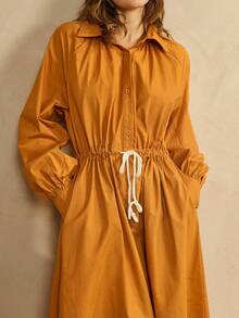 Arave Women's Burnt Orange Cotton Shirt-Style Long Dress,Elegant Autumn Everyday Waist Drawstring Pleated Lapel Lantern Sleeves X-Shaped Commuter Clothes - Orange - View 2