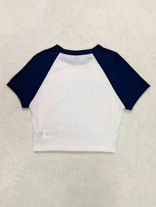 Attitoon 休闲简约复古汽车印花圆领短袖短款修身 T 恤，适合夏季穿着 - 藏蓝色 - 查看 5