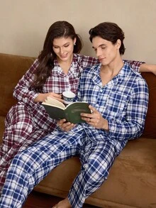 EverLounge Men's Plaid Collar Long Sleeve Top & Pants Pajama Set Plaid Pajamas His And Hers Pajamas Matching Pajamas Couple Pajama Couples Pajamas Set, Winter Clothes - Multicolor - View 1
