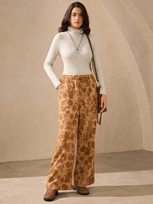 Wildy Vintage Straight Leg Casual Pants, American Western Country Style, New Arrival For Autumn Floral Print Pants Bohemian Pants Wide Leg Pants Corduroy Pants - Brown - View 5
