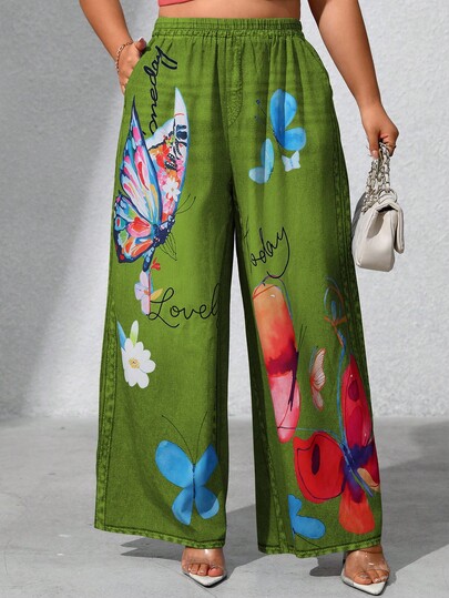 Maweii 大码女式休闲花卉印花直筒裤