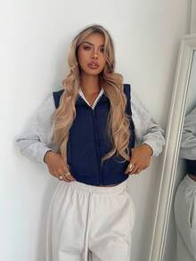 Aloruh 秋冬女士简约海军蓝领口袋宽松棉服外套 - 藏蓝色 - 查看 8