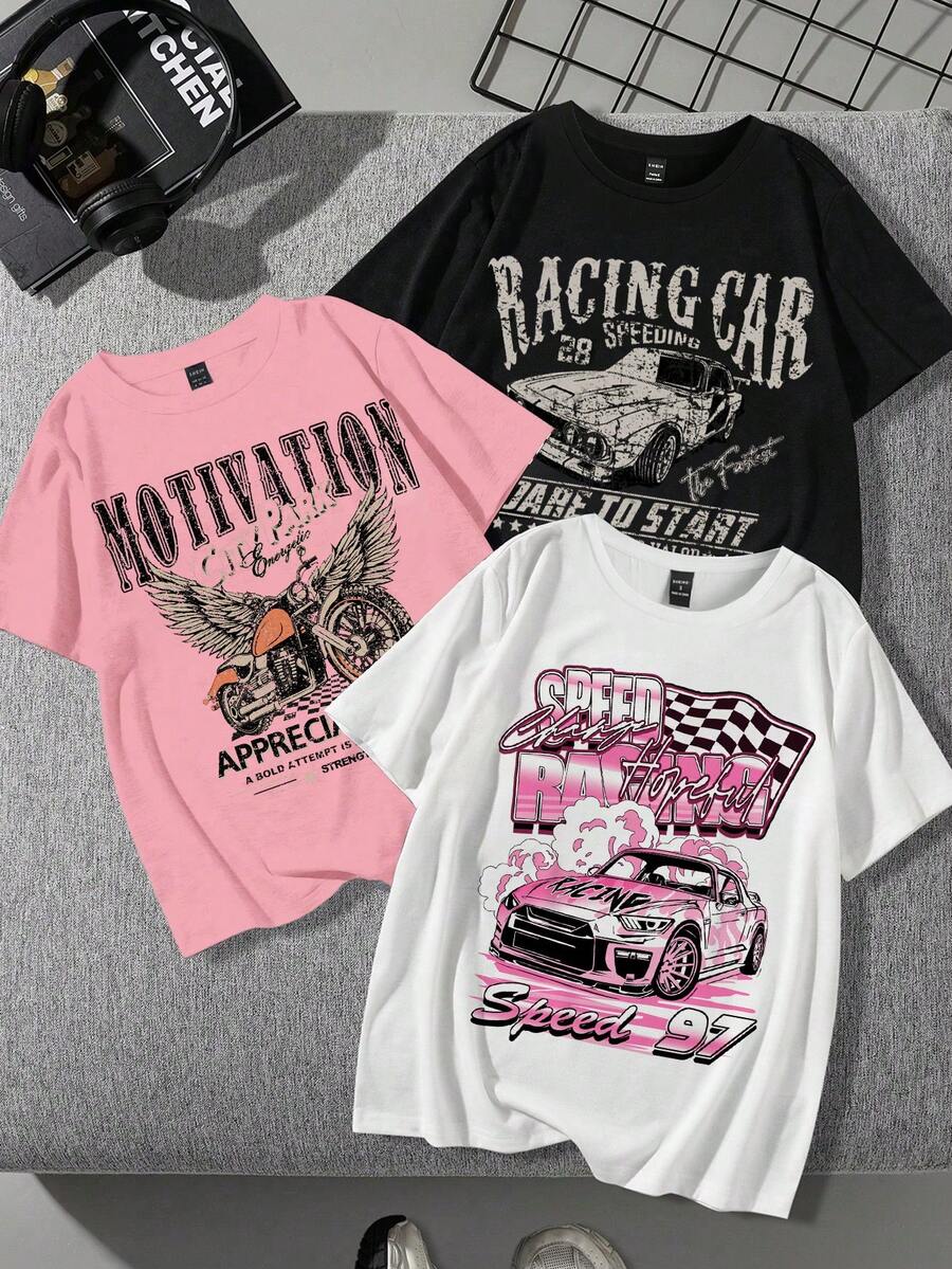 SHEIN EZwear 3 件套休闲赛车、摩托车、复古车图案印花圆领宽松 T 恤，女士，略带透视感，夏季开学季 - 彩色 - 查看 1