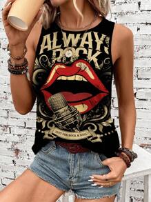 EMERY ROSE Plus Size Women's Casual "Always Rock" Microphone & Music Graphic Tank Top, Suitable For Summer Concert - Black - View 4