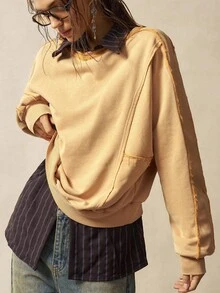 Bohemela Sudadera holgada de mujer de punto de cuello redondo, unicolor amarillo, estilo bohemio, para otoño/invierno - Azul - Ver 2