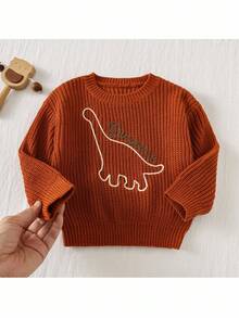 Loomiva Baby Boy Cartoon Dinosaur Pattern Halloween Crew Neck Long Sleeve Sweater Fall Winter - Orange - View 3