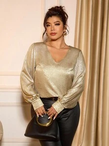 Cravure Plus Size Elegant V-Neck Foil Fabric Blouse For Commuting Fall Cloth For Women - Gold - View 3