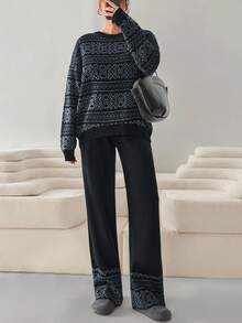 EURMUSE Monochrome Nordic-Inspired Knit Co-Ord Set – Black Sweater & Wide-Leg Pants With Jacquard Patterns Navy Geometric Pattern Knit Sweater And Pants Set For Cozy Winter Lounge And Casual Outfits - Black - View 4