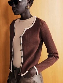 Lumivelle Women's Casual Contrast Color Single-Breasted Knit Cardigan, Autumn Fall Winter Cloth For Women - Coffee Brown - View 6