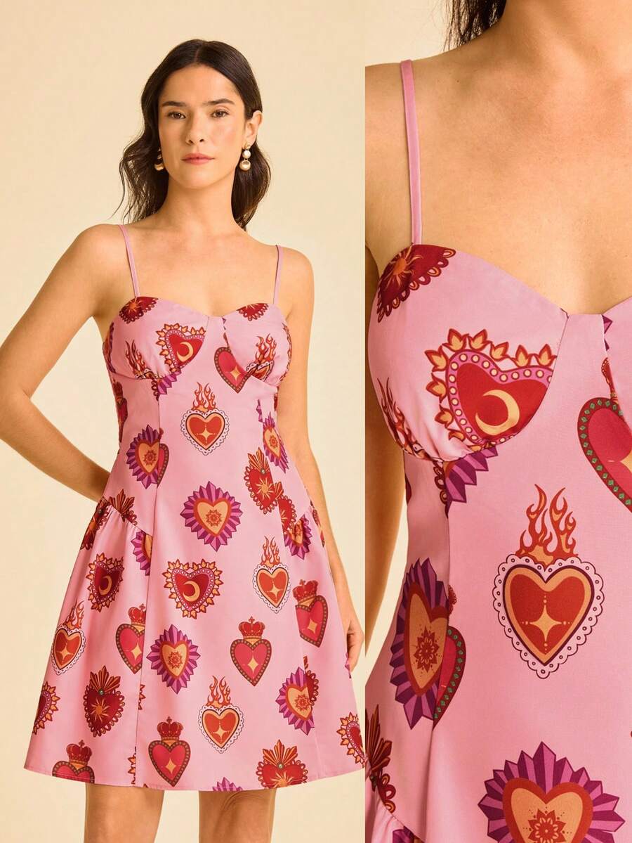 Women's Boho Vacation Tropical Heart Print Cami Mini Dress, Pink - Multicolor - View 1