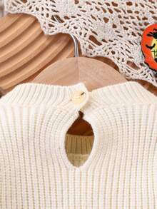 SHEIN Baby Boys/Girls Knitted Long Sleeve Bodysuit, Comfortable For Autumn/Winter, Beige Color, Versatile For Daily Wear, Embroidered Halloween Pumpkin Design, Stylish & Cute, Suitable For Holidays, Home, Outings, Travel - Apricot - View 6