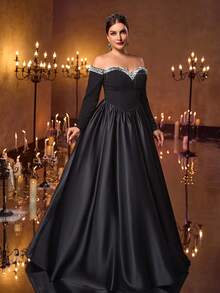 Glamrae Große Größen elegantes luxuriöses schwarzes elastisches Strick-Off-Shoulder Kleid mit Satinpatchwork, Perlenverzierung und Langarm, geeignet für Hochzeiten, Partys, Galas, Urlaub, formelle Anlässe (stark verziert)